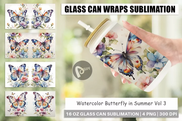 Glass Can Wraps Watercolor Butterfly