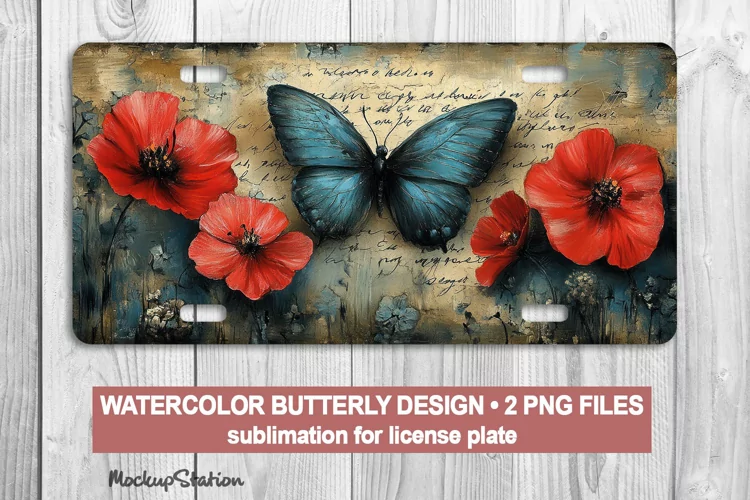 Butterfly License Car Plate PNG | Vintage Watercolor