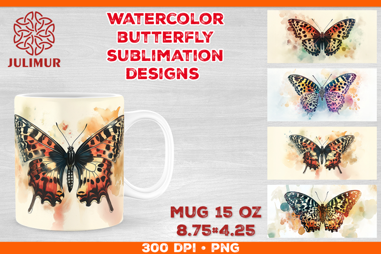 Watercolor Butterfly Mug Sublimation PNG Designs