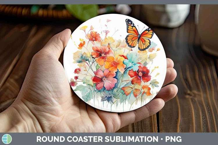 Watercolor Butterfly Round Coaster | Sublimation Coaster Des