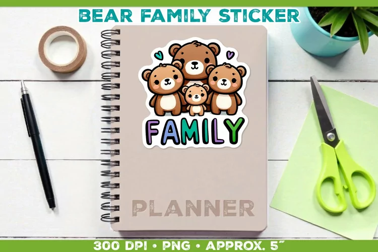 Adorable Cartoon Bear Family Sticker Printable PNG Design