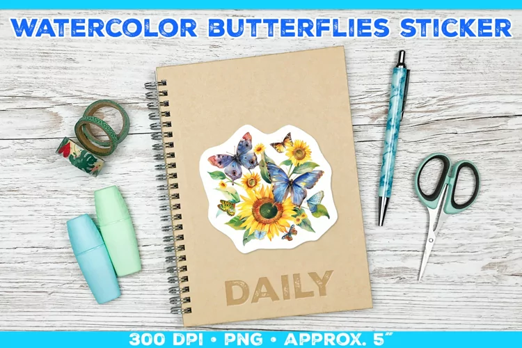 Watercolor Butterflies and Sunflowers Printable Stickers