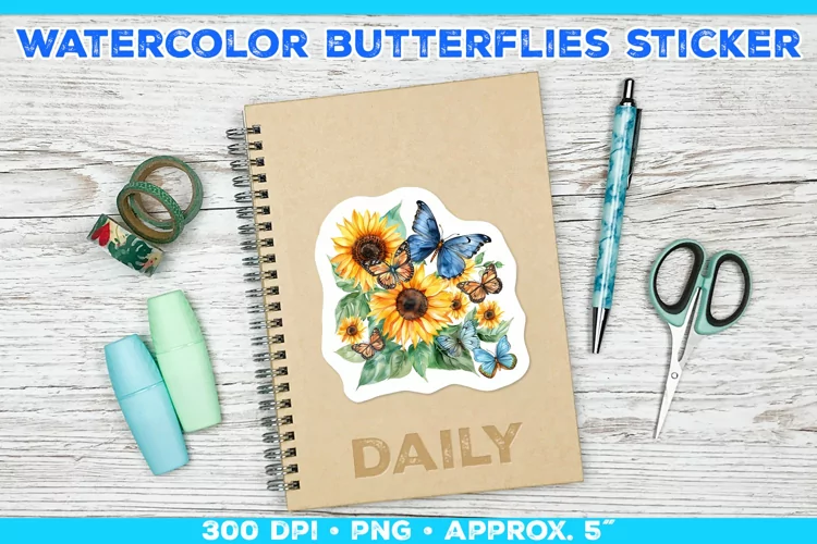 Watercolor Butterflies and Sunflowers Printable Stickers