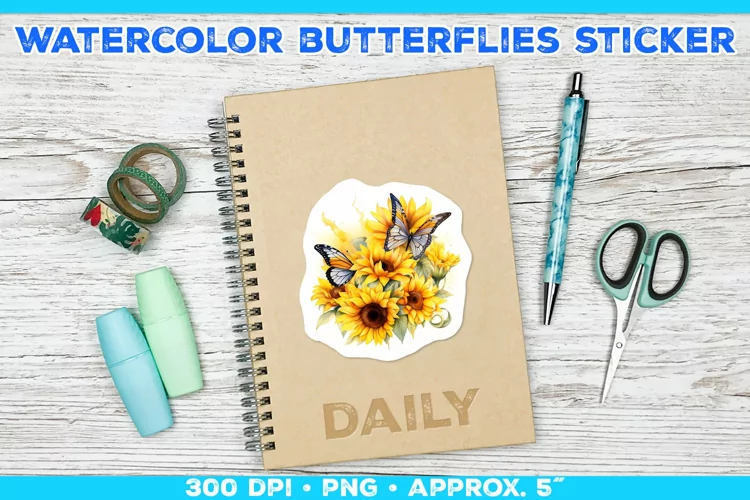 Watercolor Butterflies and Sunflowers Printable Stickers