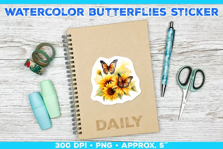 Watercolor Butterflies and Sunflowers Printable Stickers