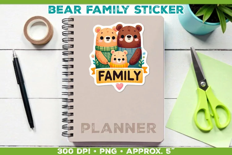 Adorable Cartoon Bear Family Sticker Printable PNG Design