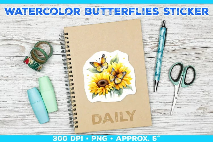Watercolor Butterflies and Sunflowers Printable Stickers