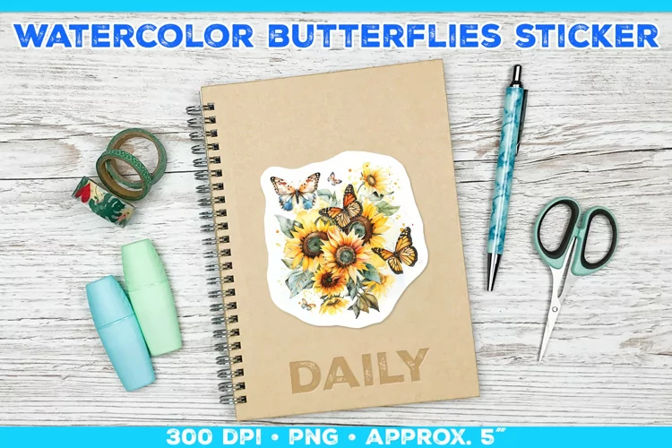 Watercolor Butterflies and Sunflowers Printable Stickers