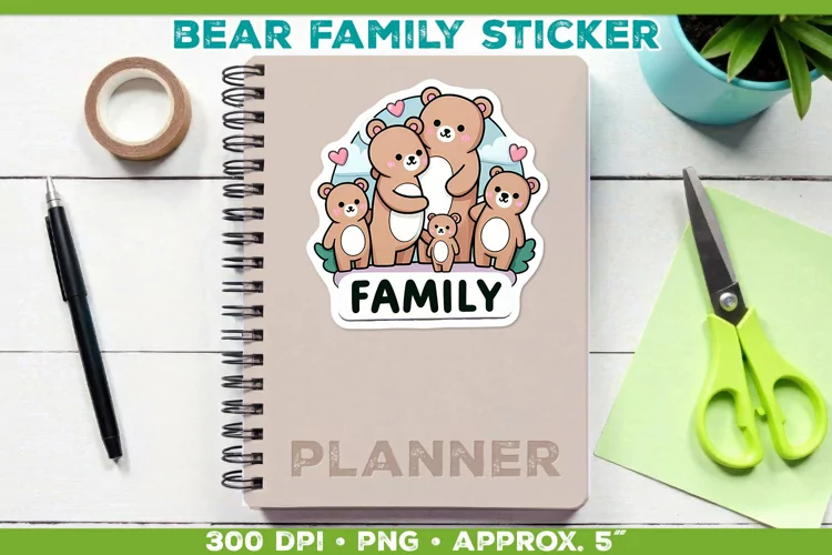 Adorable Cartoon Bear Family Sticker Printable PNG Design