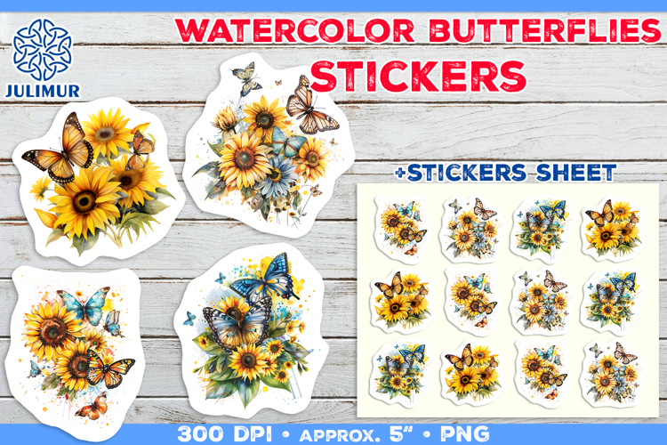 Watercolor Butterflies and Sunflowers Printable Stickers