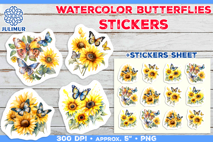 Watercolor Butterflies and Sunflowers Printable Stickers
