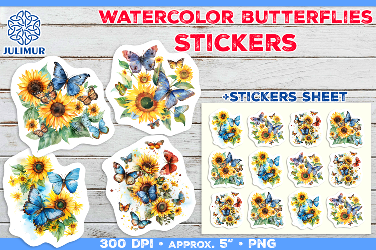 Watercolor Butterflies and Sunflowers Printable Stickers