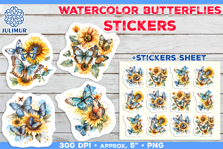 Watercolor Butterflies and Sunflowers Printable Stickers