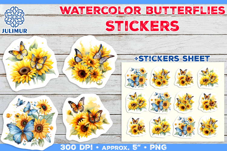 Watercolor Butterflies and Sunflowers Printable Stickers