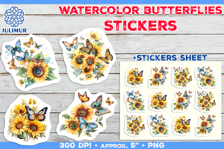 Watercolor Butterflies and Sunflowers Printable Stickers