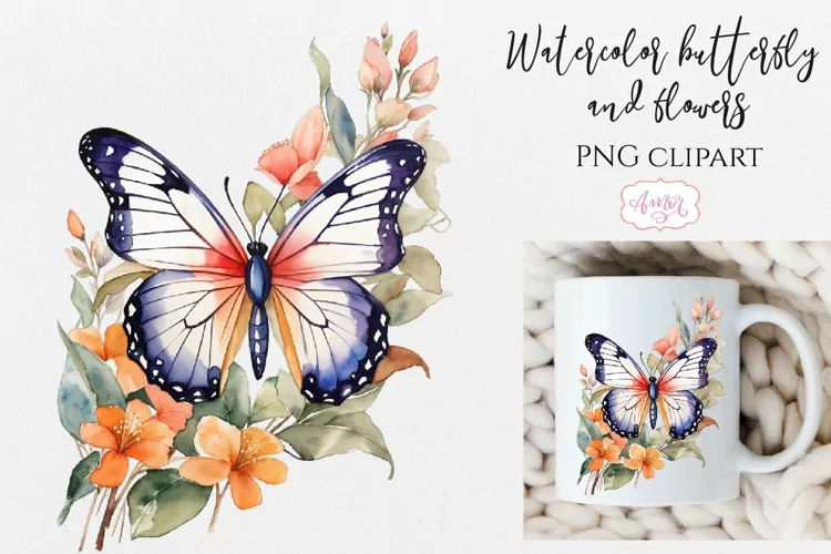 Watercolor flowers and butterfly PNG for sublimation