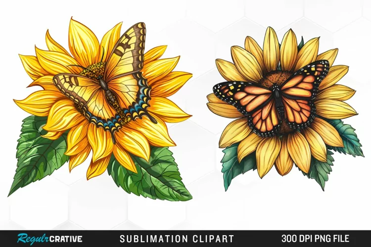 Watercolor Butterfly Sunflower PNG Clipart