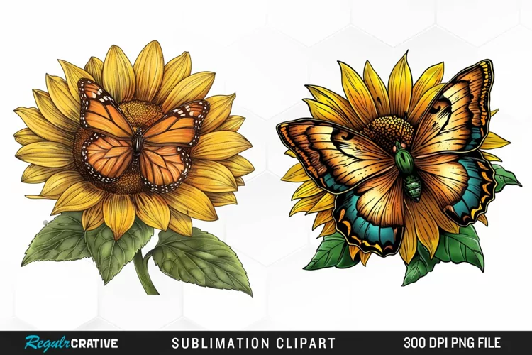 Watercolor Butterfly Sunflower Art Clipart