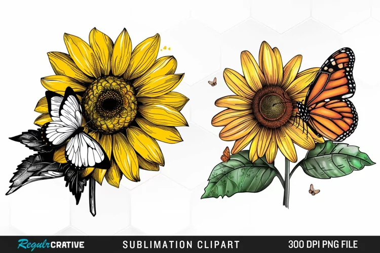 Watercolor Butterfly Sunflower PNG Clipart