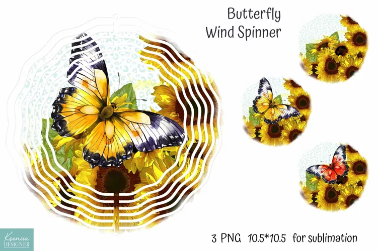 Watercolor Sunflower and Yellow Butterfly for Wind Spinner