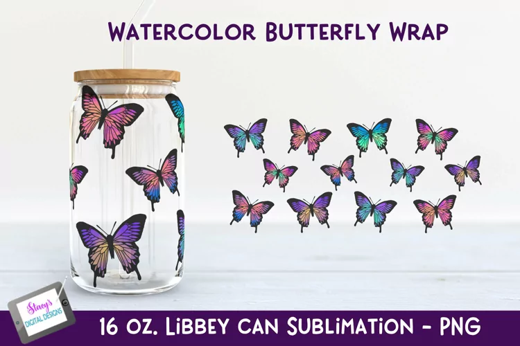 Watercolor Butterfly Libbey Can Glass Sublimation Wrap - 16