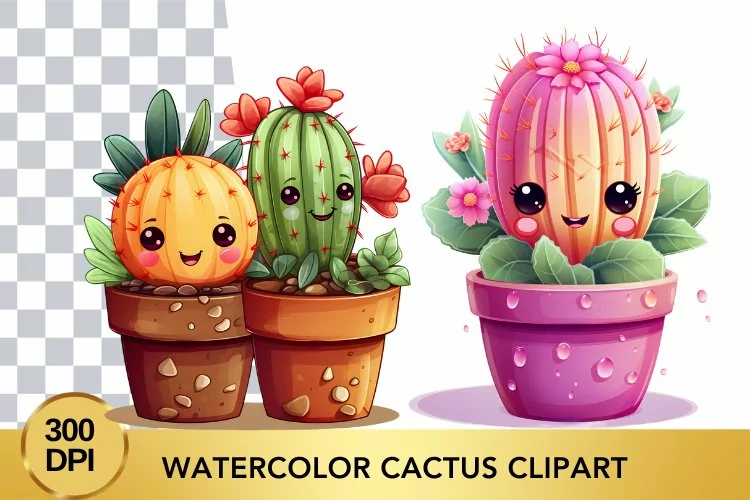2 png Cute Watercolor cactus Clipart, cactus sublimation