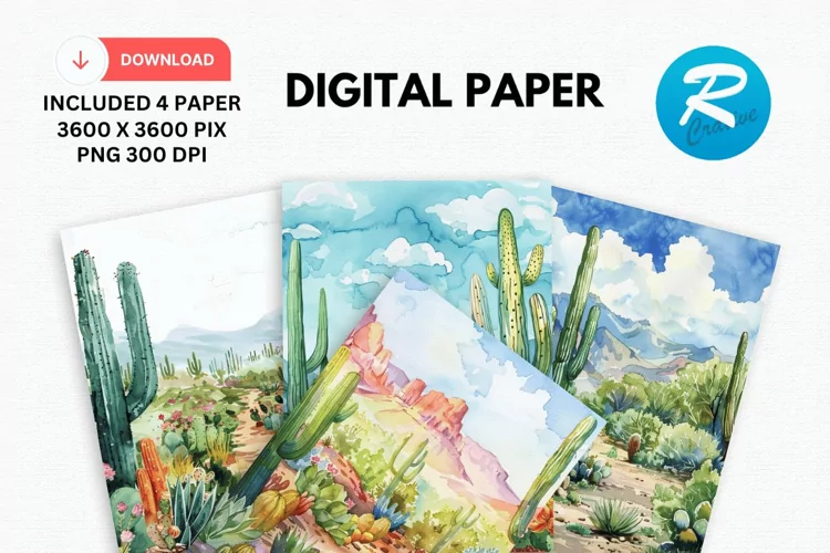 Watercolor Cactus Digital Paper, Cactus Background