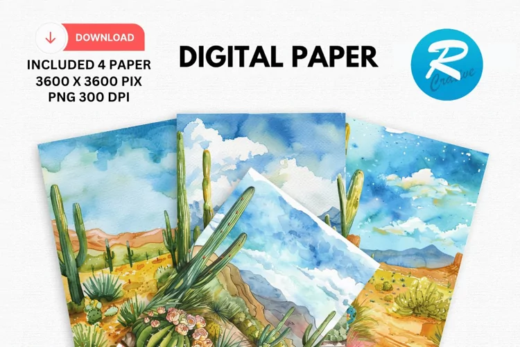 Watercolor Cactus Digital Paper, Cactus Background