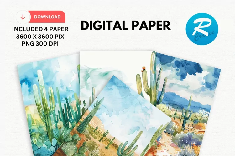 Watercolor Cactus Digital Paper, Cactus Background