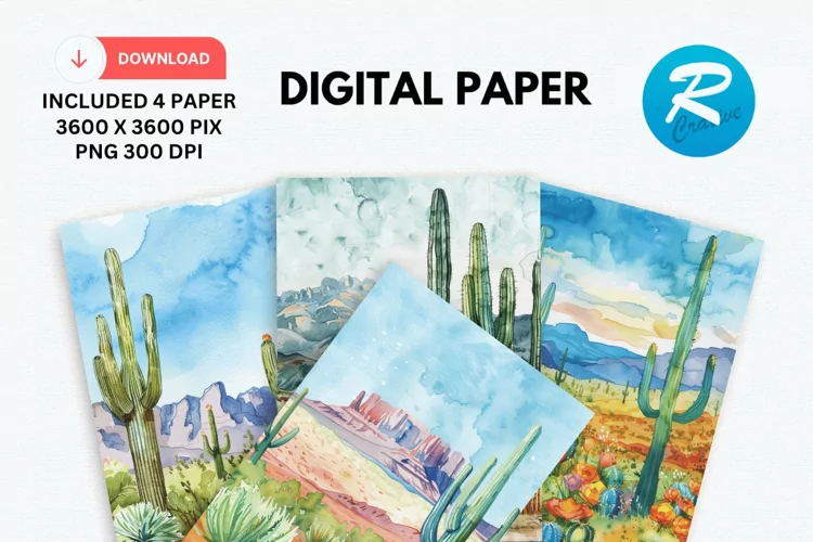 Watercolor Cactus Digital Paper, Cactus Background