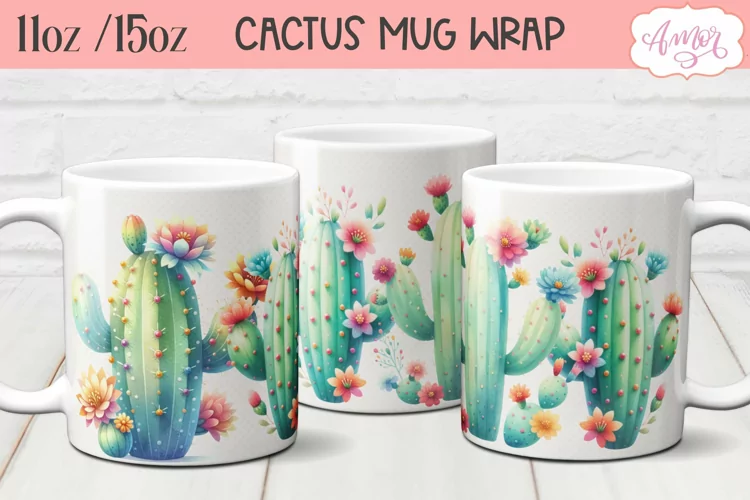 Watercolor Cactus mug wrap png for sublimation