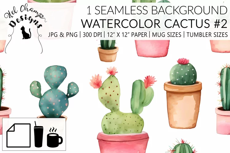 Watercolor Cactus #2 | Patterns | Sublimation
