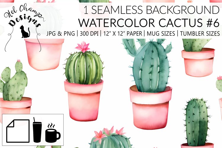 Watercolor Cactus #6 | Patterns | Sublimation