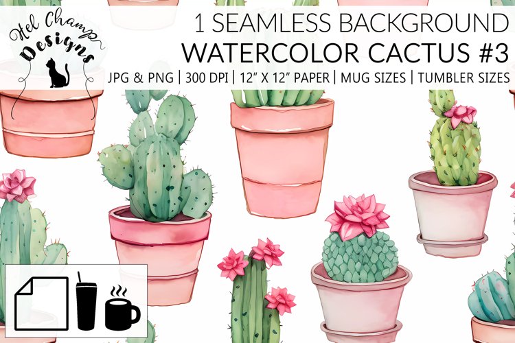 Watercolor Cactus #3 | Patterns | Sublimation