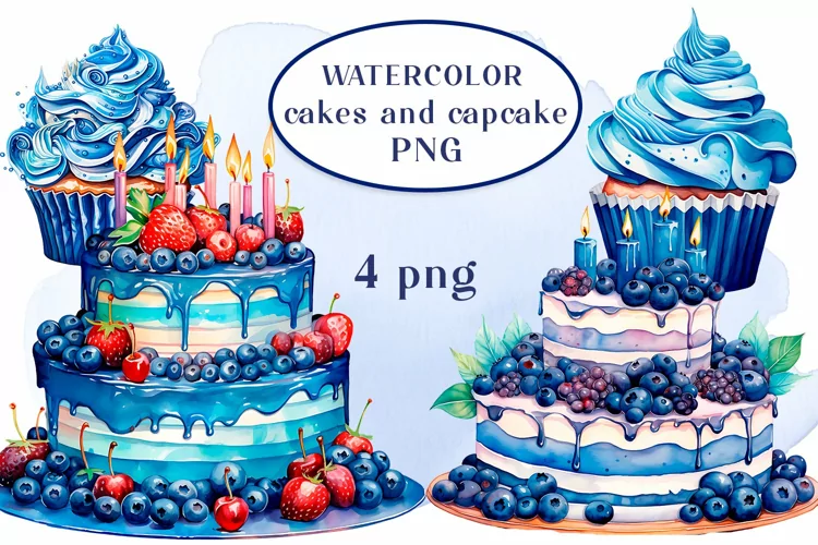 Watercolor cakes and cupcake PNG clipart