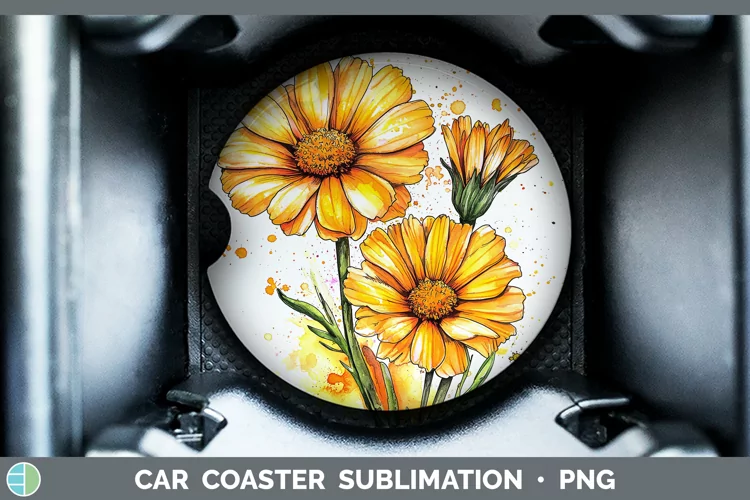 Watercolor Calendula Car Coaster Sublimation Designs