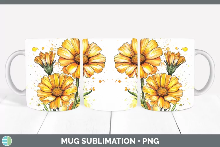 Watercolor Calendula Mug Wrap Sublimation Coffee Cup Designs
