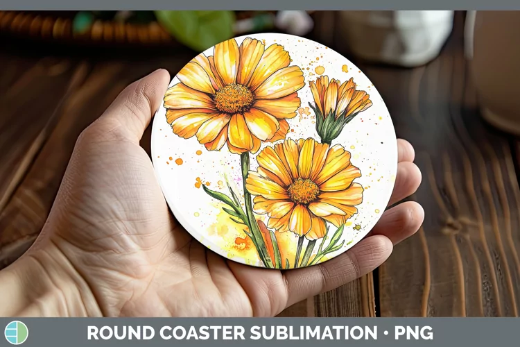 Watercolor Calendula Round Coaster Sublimation Coaster Desig