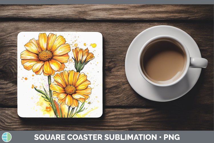Watercolor Calendula Square Coaster Sublimation Coaster Desi