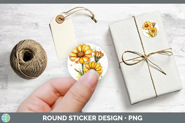 Watercolor Calendula Stickers | Round Labels Designs