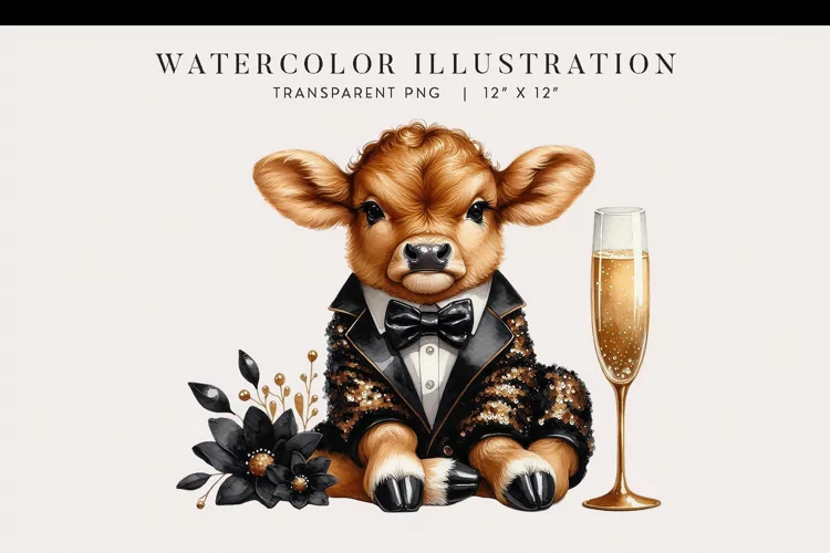 Watercolor Calf New Year’s Toast Clipart PNG