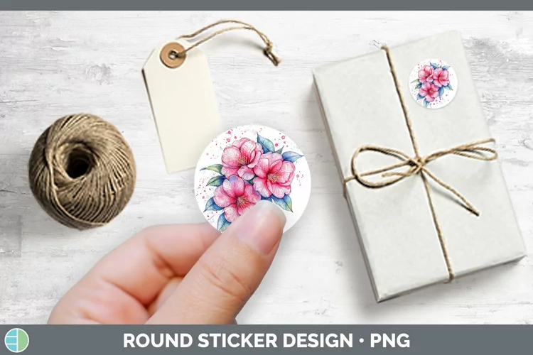 Watercolor Camellia Stickers | Round Labels Designs
