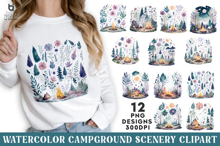 Watercolor Campground Scenery Clipart, T-shirt Design example image 1