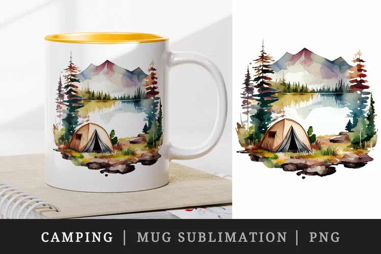 Watercolor camping mug, cup wrap sublimation design png