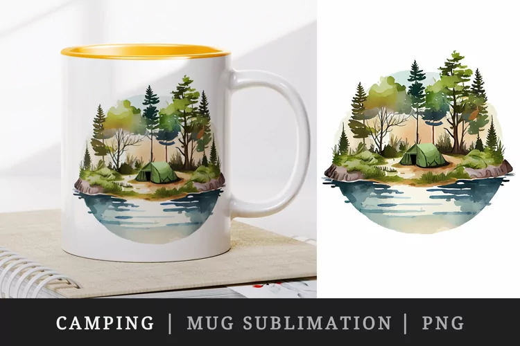 Watercolor camping mug, cup wrap sublimation design png