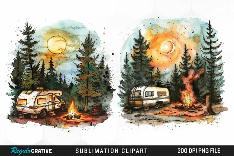 Watercolor Camping Illustration PNG Clipart