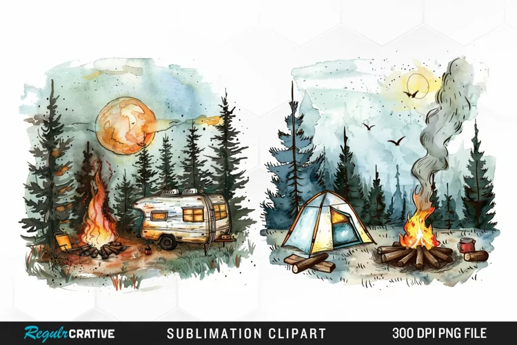 Watercolor Camping Sublimation PNG Clipart