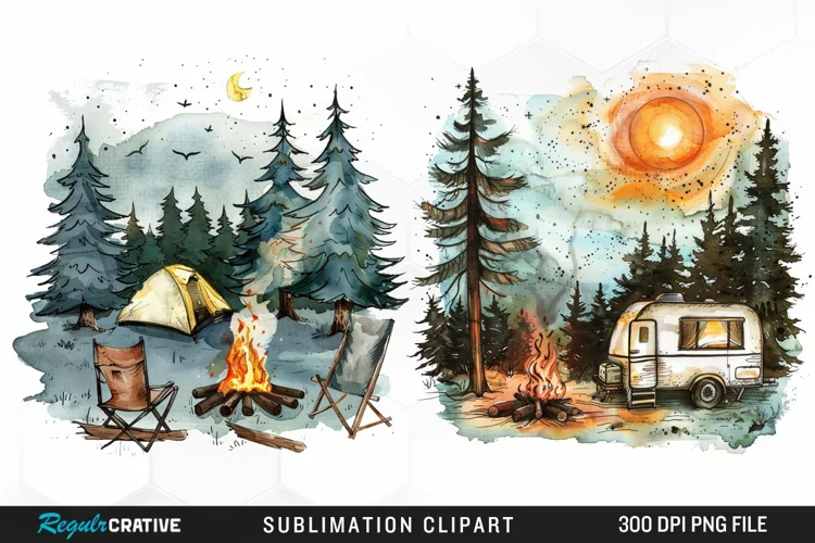 Watercolor Camping Illustration PNG Clipart