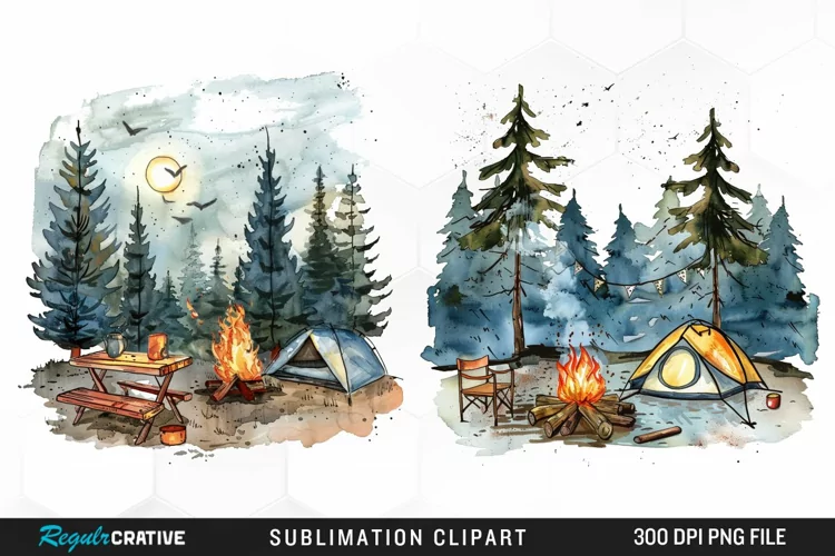 Watercolor Camping Illustration PNG Clipart