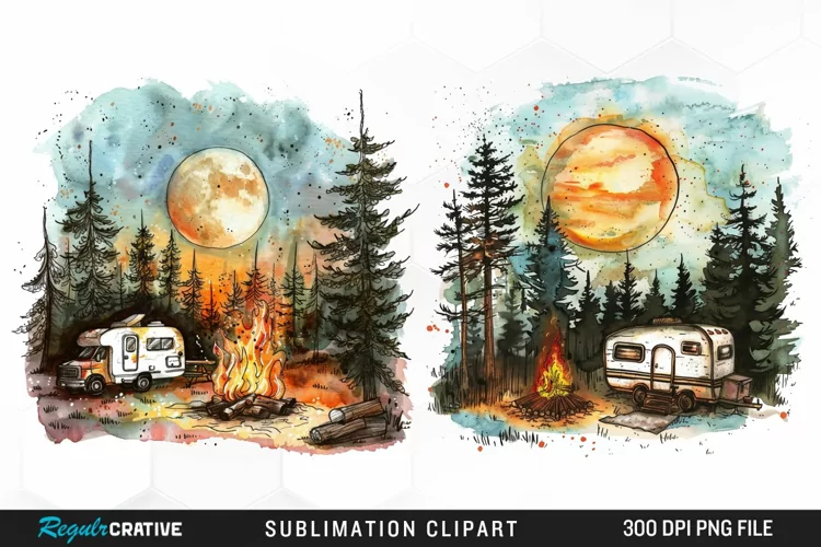 Watercolor Camping Illustration PNG Clipart